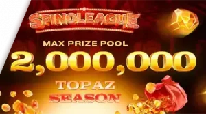 Изображение, рекламирующее турнир Spinoleague Topaz Season в Кракен с призовым фондом в 2 миллиона евро на фоне огненной сцены.